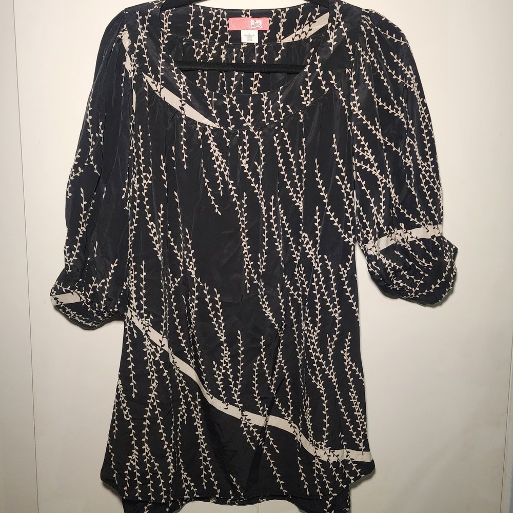 Lux Silk Tunic Blouse Womens Large Black Cream Vine Print Excellent Puff Sleeve